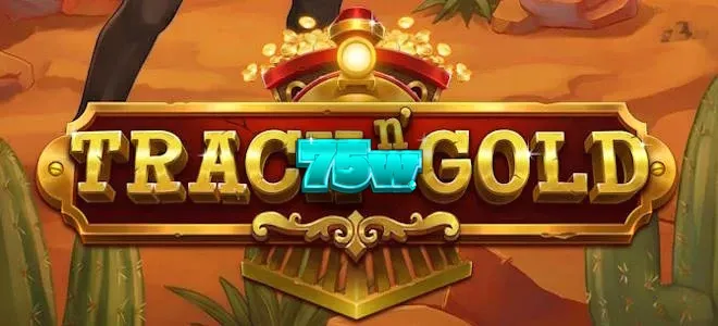 Uma locomotiva a vapor clássica em uma paisagem de época, representando o tema do slot Track n’ Gold.