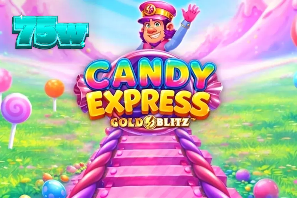 Interface colorida do jogo Candy Express Gold Blitz com elementos de doces e trem