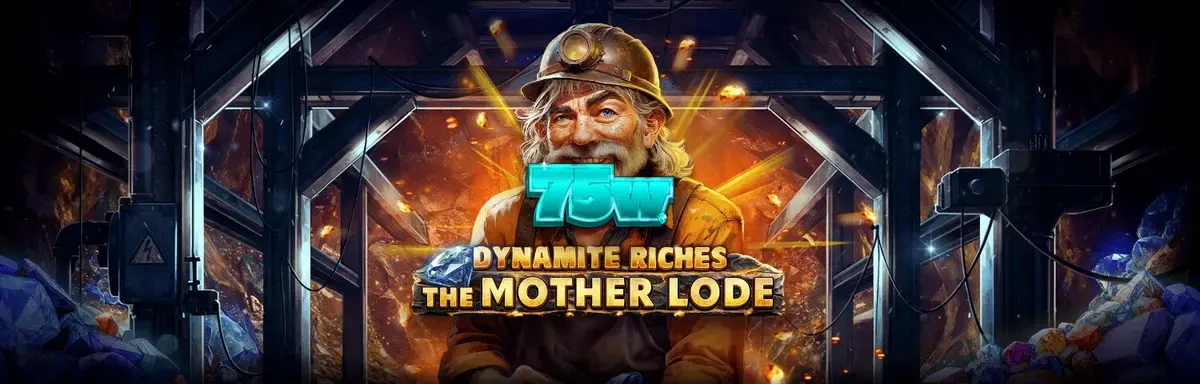 Cena subterrânea de mineração com elementos de ouro e dinamite no slot Dynamite Riches The Mother Lode